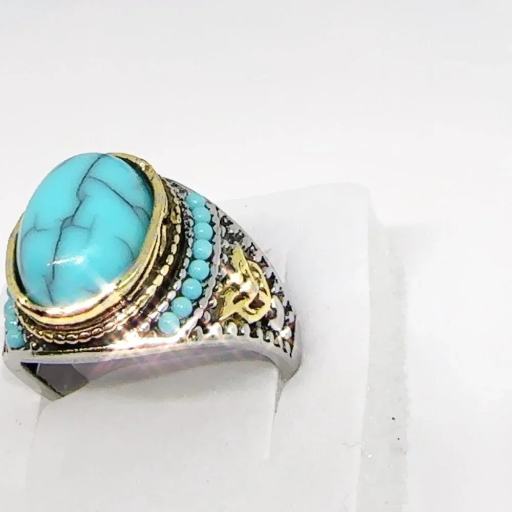 Mens Turquoise Ring Gold and Silver Accents Size 10